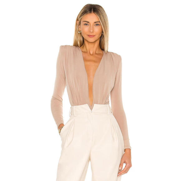 Nookie Dasha Plunge Bodysuit Latte Ruched bust size S NWT $189msrp